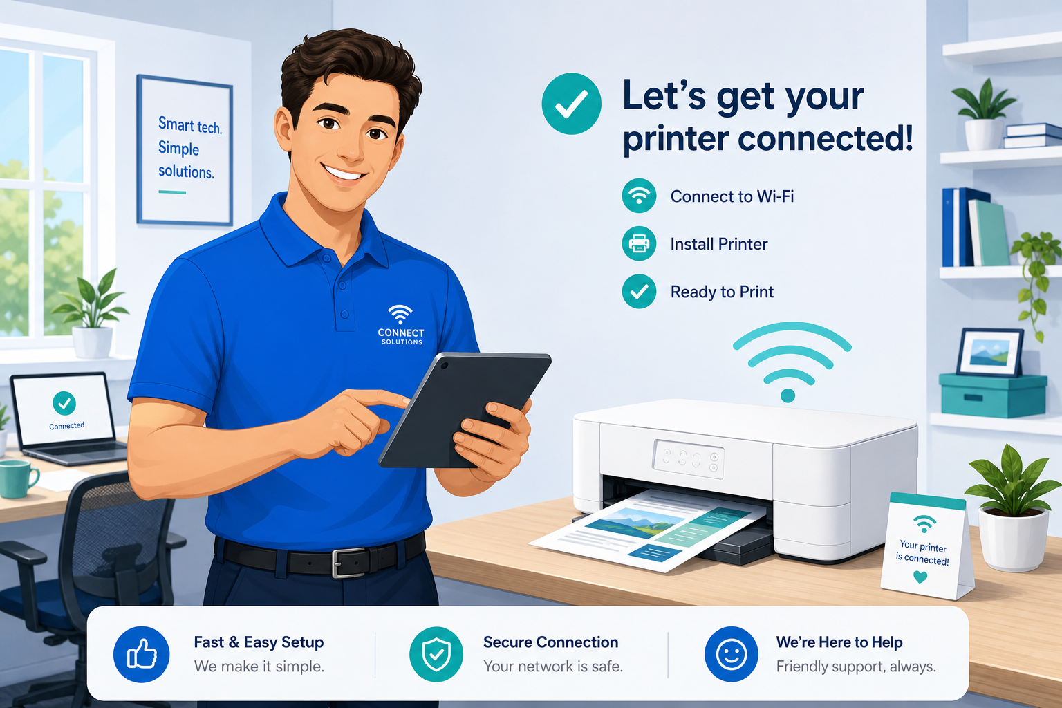 PrinterGeeks technician configuring a wireless printer
